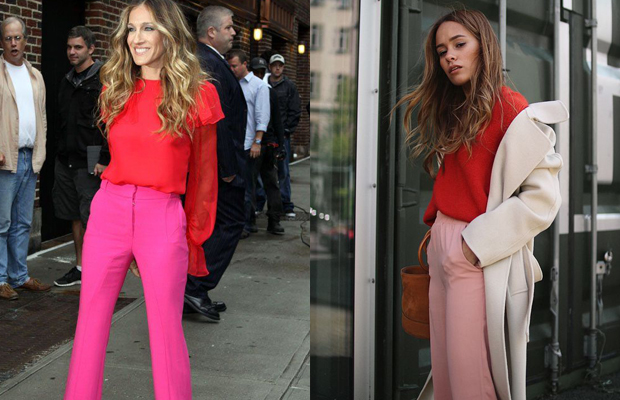 vestido rosa com sapato vermelho