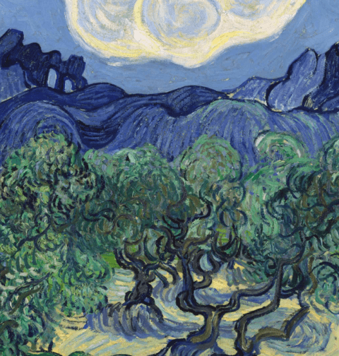 Pintura de Van Gogh com paisagem de oliveiras e montanhas